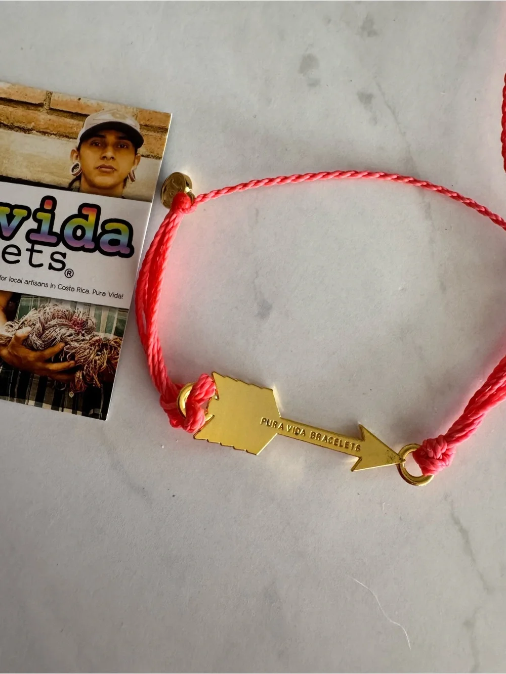Pura Vida Pink Cord Bracelet Gold Tone Arrow Dangle Charm Adjust Slide Closure